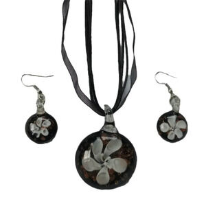 Handmade Glass Pendant & Earring  Set, Copper/Black